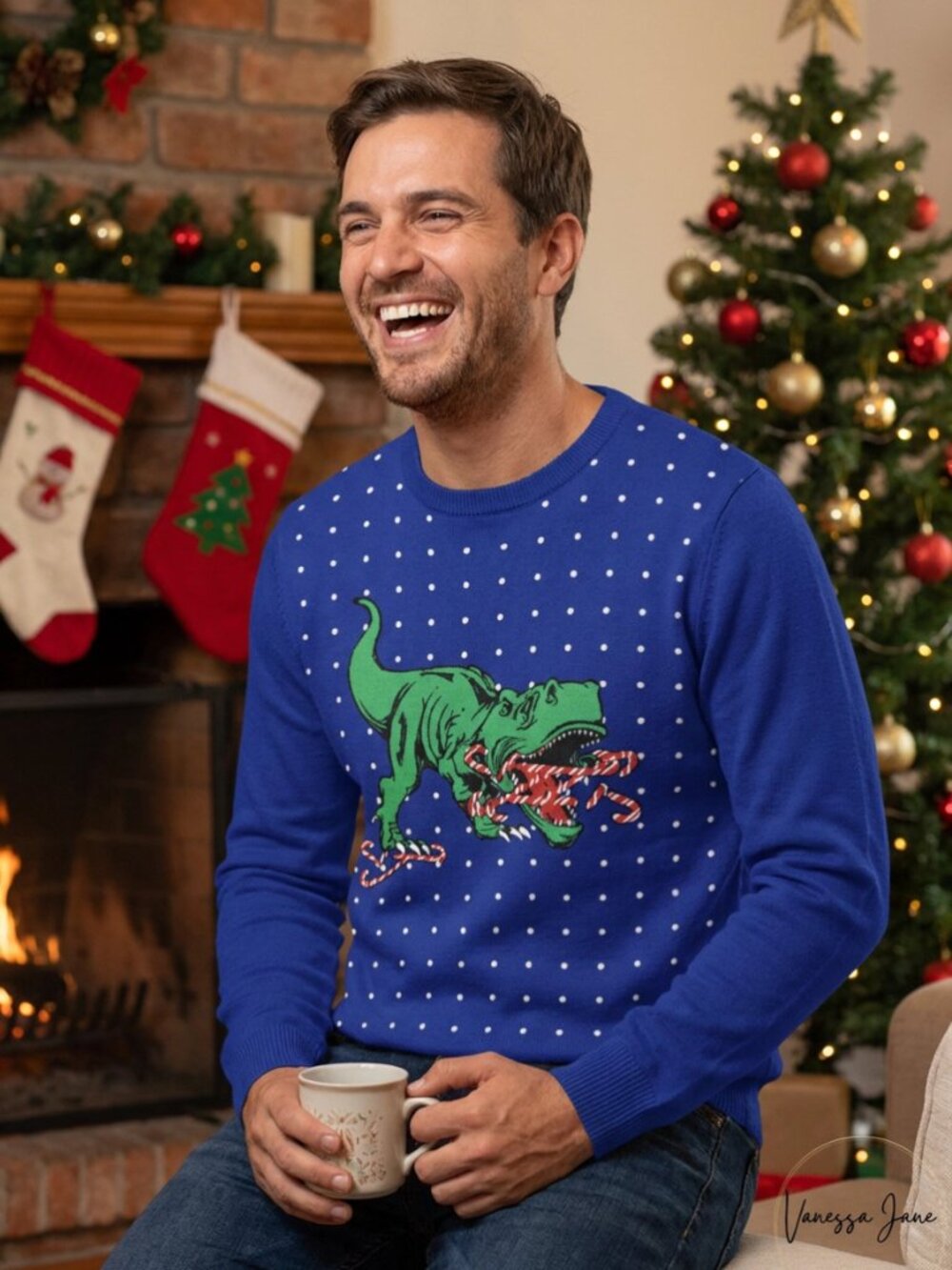 ALEX Stevens Mens Candy Cane T-rex Ugly Christmas Sweater